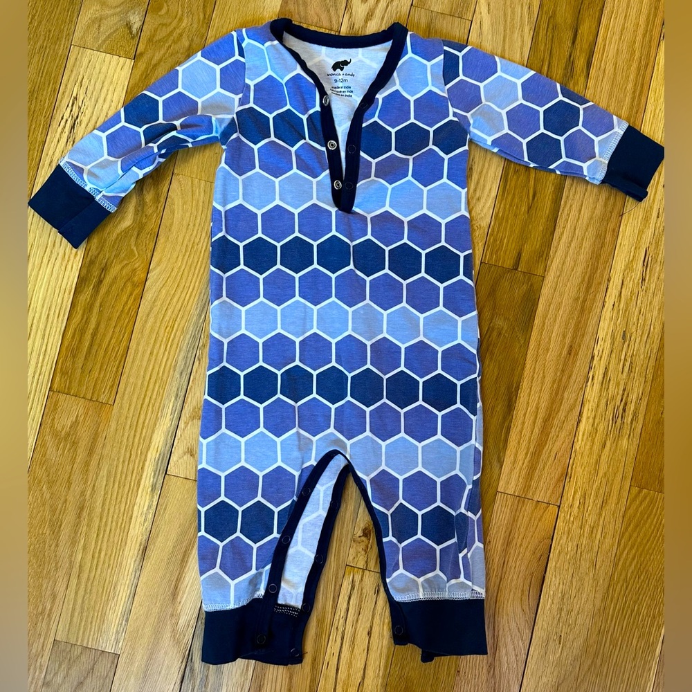 Monica & Andy one piece romper blue hexagons, mosaic tiles